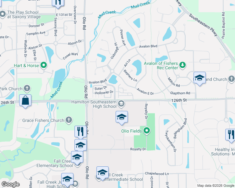 map of restaurants, bars, coffee shops, grocery stores, and more near 12710 Hannah Hill Road in Fishers