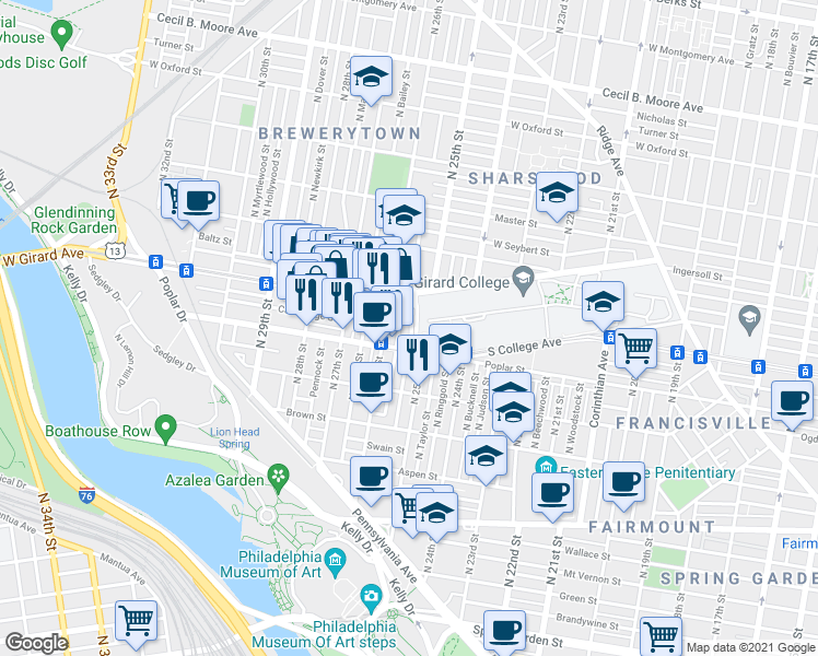 map of restaurants, bars, coffee shops, grocery stores, and more near 926 West College Avenue in Philadelphia