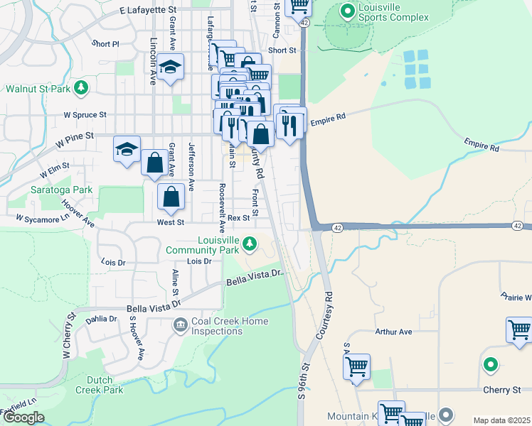 map of restaurants, bars, coffee shops, grocery stores, and more near 1000 Parkview Street in Louisville