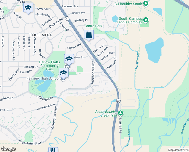 map of restaurants, bars, coffee shops, grocery stores, and more near 1540 Chambers Drive in Boulder