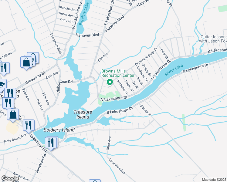 map of restaurants, bars, coffee shops, grocery stores, and more near 24 Arbutus Street in Pemberton Township