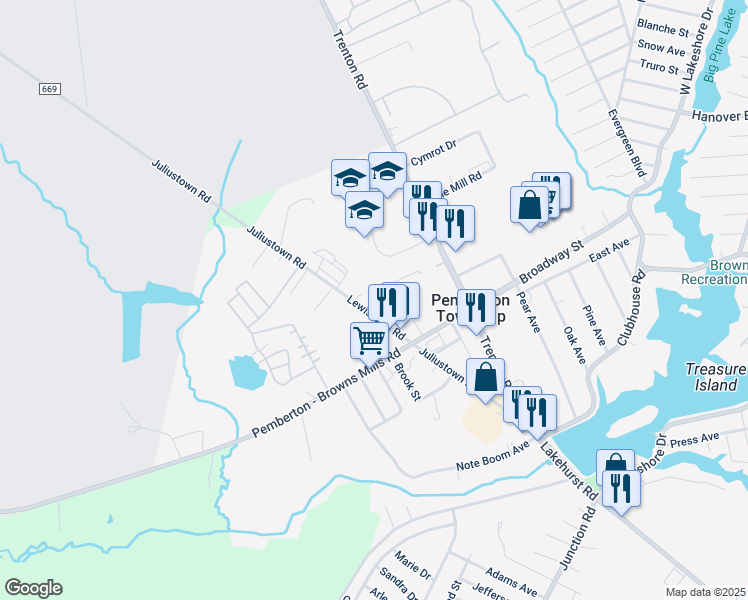 map of restaurants, bars, coffee shops, grocery stores, and more near 7 Crescent Drive in Pemberton Township