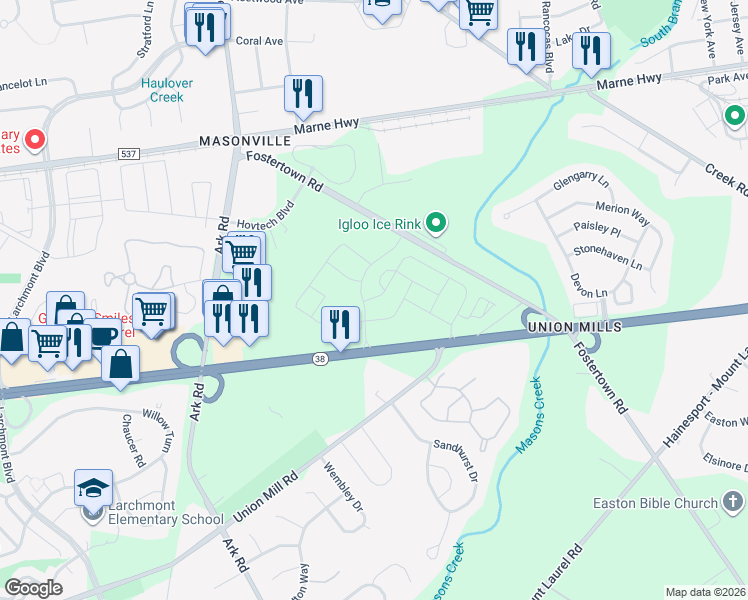 map of restaurants, bars, coffee shops, grocery stores, and more near 3032 Fostertown Road in Mount Laurel Township