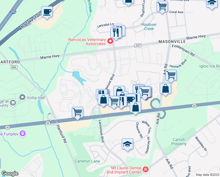 map of restaurants, bars, coffee shops, grocery stores, and more near 903A Sedgefield Drive in Mount Laurel Township