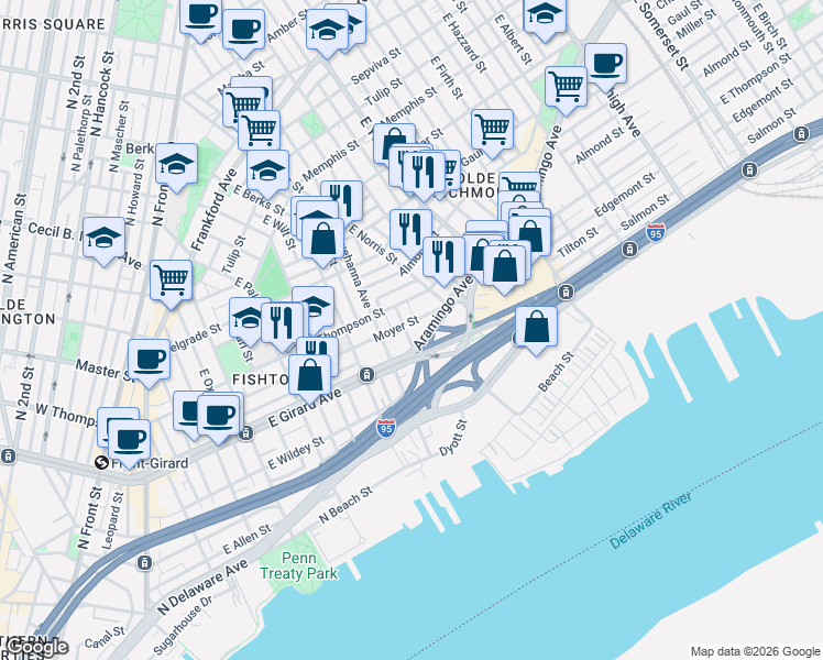 map of restaurants, bars, coffee shops, grocery stores, and more near 1236 East Fletcher Street in Philadelphia