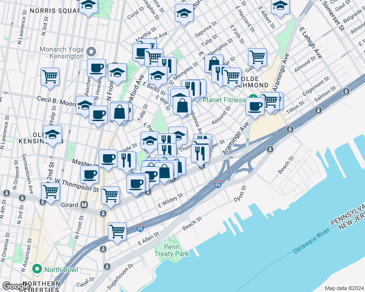 map of restaurants, bars, coffee shops, grocery stores, and more near 1324 East Berks Street in Philadelphia
