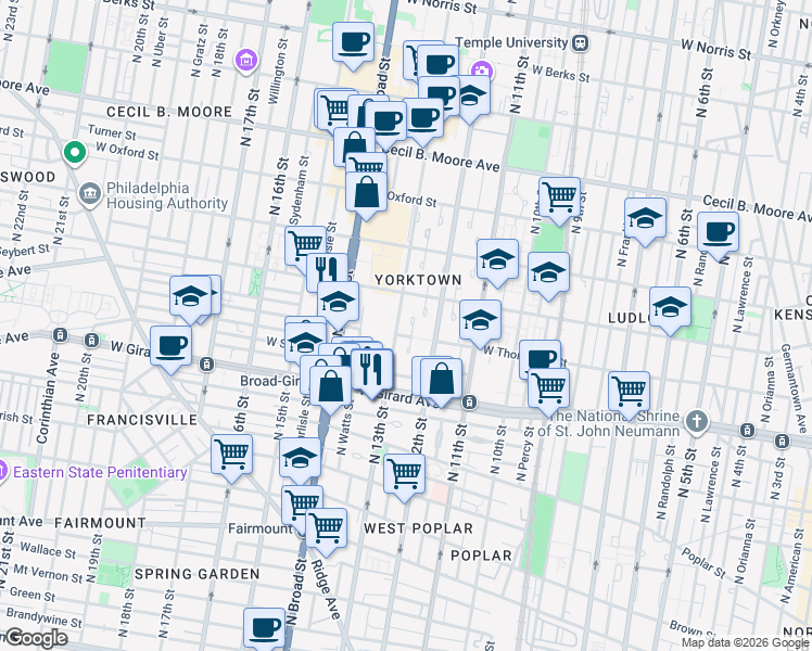 map of restaurants, bars, coffee shops, grocery stores, and more near 1322 Betsy Ross Place in Philadelphia