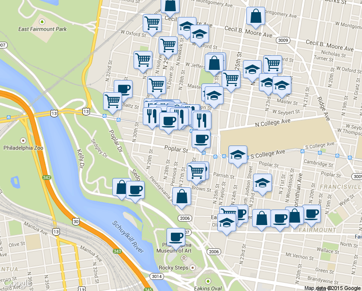 map of restaurants, bars, coffee shops, grocery stores, and more near in Philadelphia