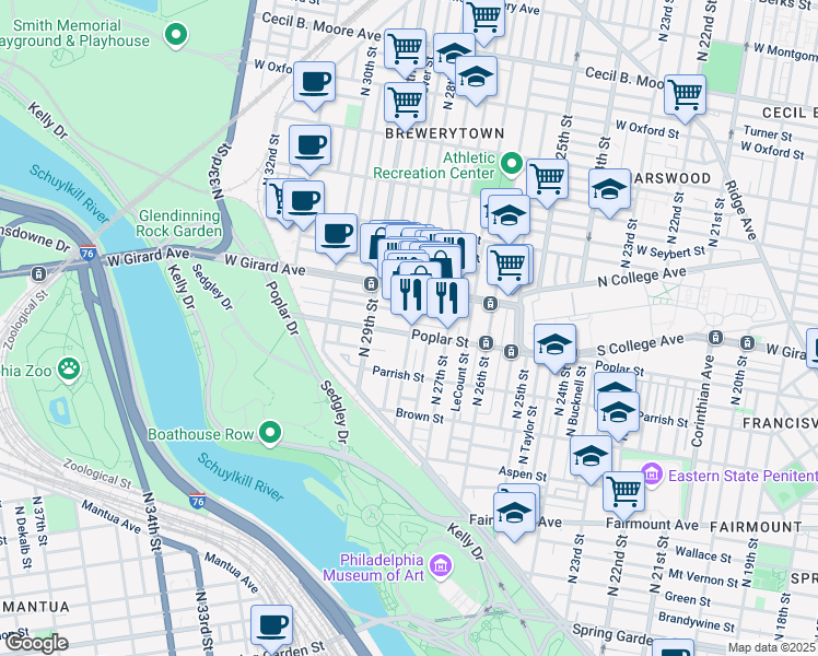 map of restaurants, bars, coffee shops, grocery stores, and more near 2728 Cambridge Street in Philadelphia