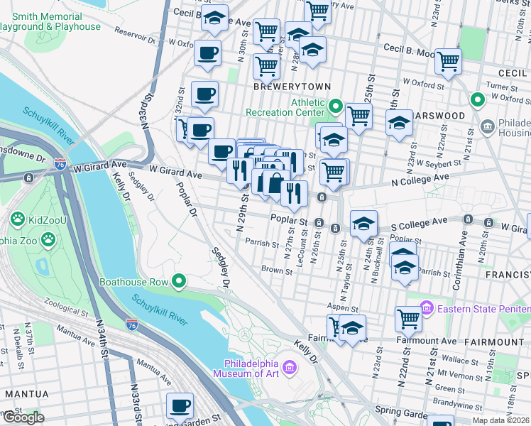 map of restaurants, bars, coffee shops, grocery stores, and more near 2834 Cambridge Street in Philadelphia