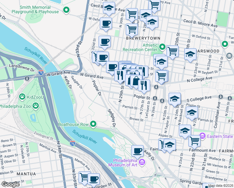 map of restaurants, bars, coffee shops, grocery stores, and more near in Philadelphia