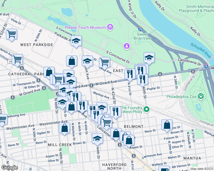 map of restaurants, bars, coffee shops, grocery stores, and more near 4232 West Girard Avenue in Philadelphia