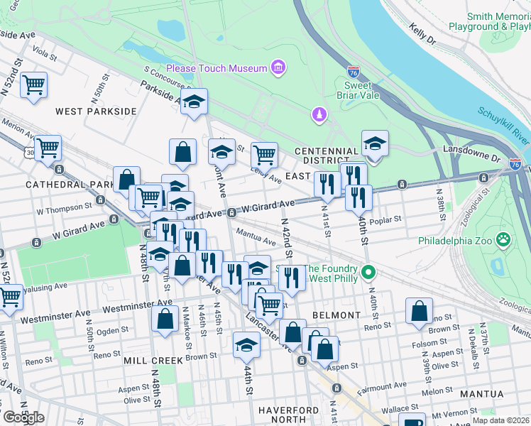 map of restaurants, bars, coffee shops, grocery stores, and more near 4232 West Girard Avenue in Philadelphia
