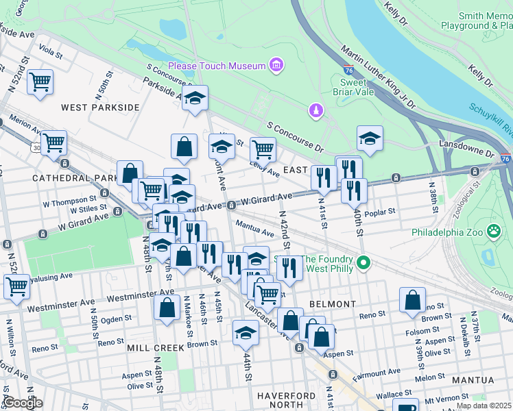 map of restaurants, bars, coffee shops, grocery stores, and more near 4232 West Girard Avenue in Philadelphia