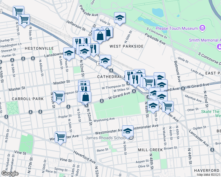 map of restaurants, bars, coffee shops, grocery stores, and more near 4973 West Thompson Street in Philadelphia