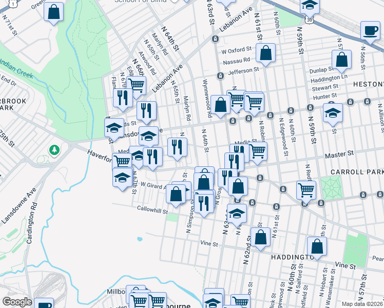 map of restaurants, bars, coffee shops, grocery stores, and more near 655 North 65th Street in Philadelphia