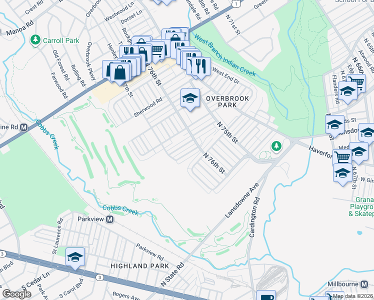 map of restaurants, bars, coffee shops, grocery stores, and more near 7605 Wyndale Avenue in Philadelphia