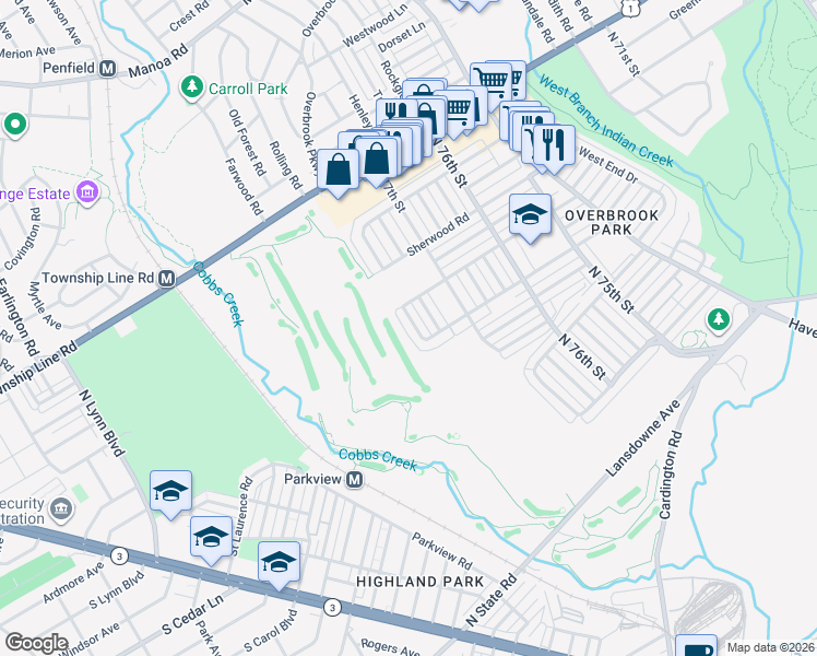 map of restaurants, bars, coffee shops, grocery stores, and more near 1622 Merribrook Road in Philadelphia