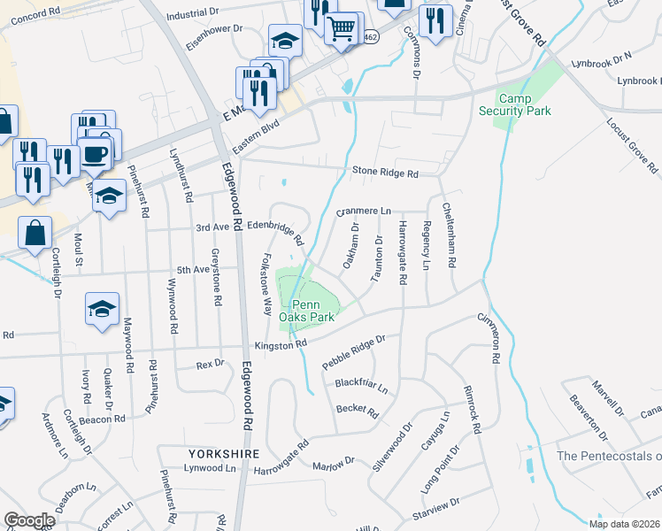map of restaurants, bars, coffee shops, grocery stores, and more near 3325 Cranmere Lane in York