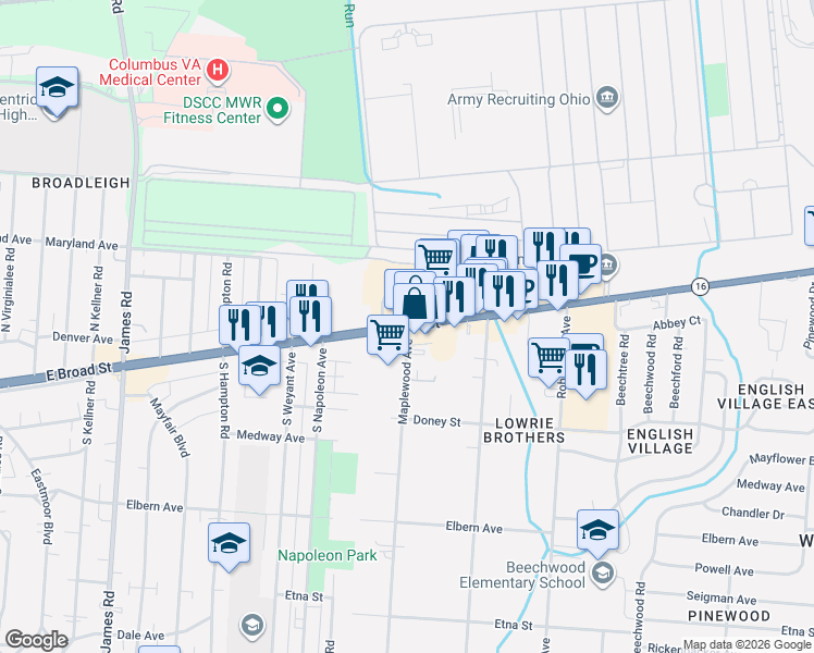 map of restaurants, bars, coffee shops, grocery stores, and more near 3733 East Broad Street in Columbus