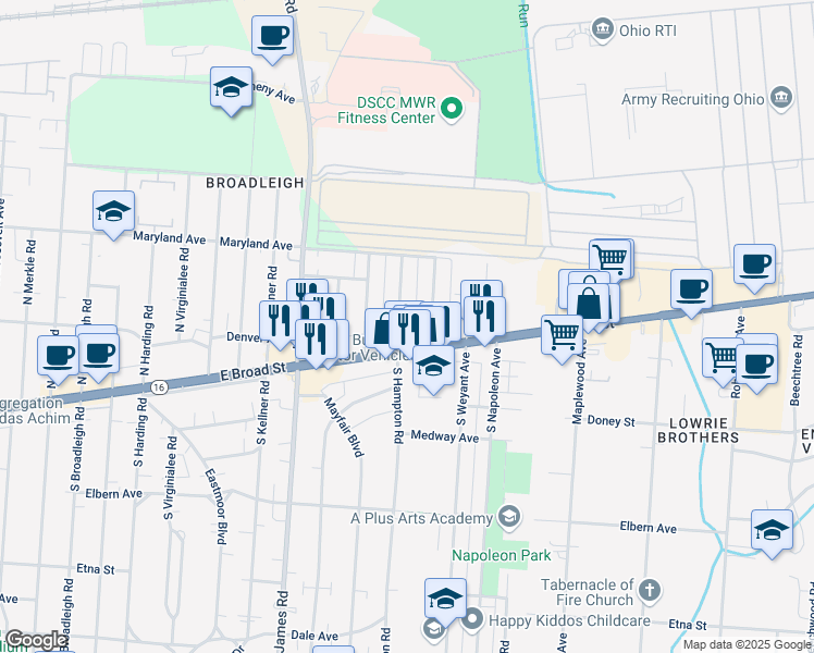 map of restaurants, bars, coffee shops, grocery stores, and more near 47 North Hampton Road in Columbus