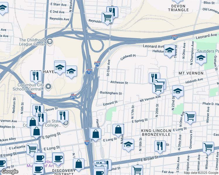 map of restaurants, bars, coffee shops, grocery stores, and more near 841 Atcheson Street in Columbus