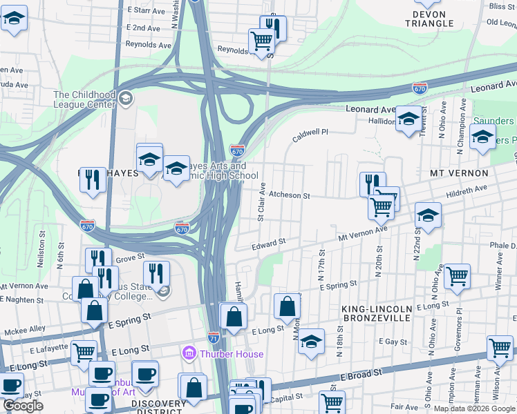 map of restaurants, bars, coffee shops, grocery stores, and more near 436 Hamilton Avenue in Columbus