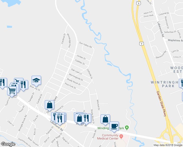 map of restaurants, bars, coffee shops, grocery stores, and more near 56 Cliffside Drive in Toms River