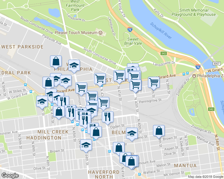 map of restaurants, bars, coffee shops, grocery stores, and more near 4121 Cambridge Street in Philadelphia