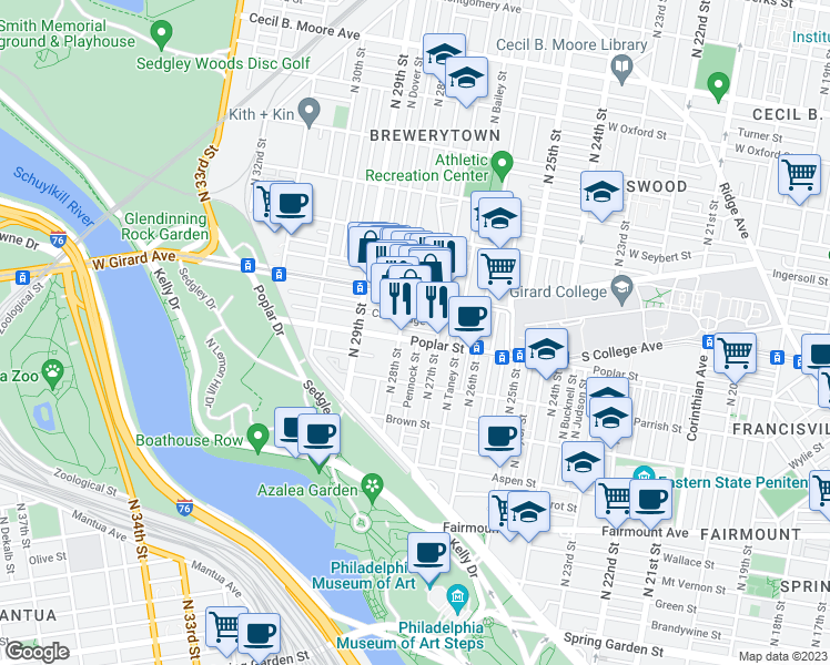 map of restaurants, bars, coffee shops, grocery stores, and more near 2732 West George Street in Philadelphia