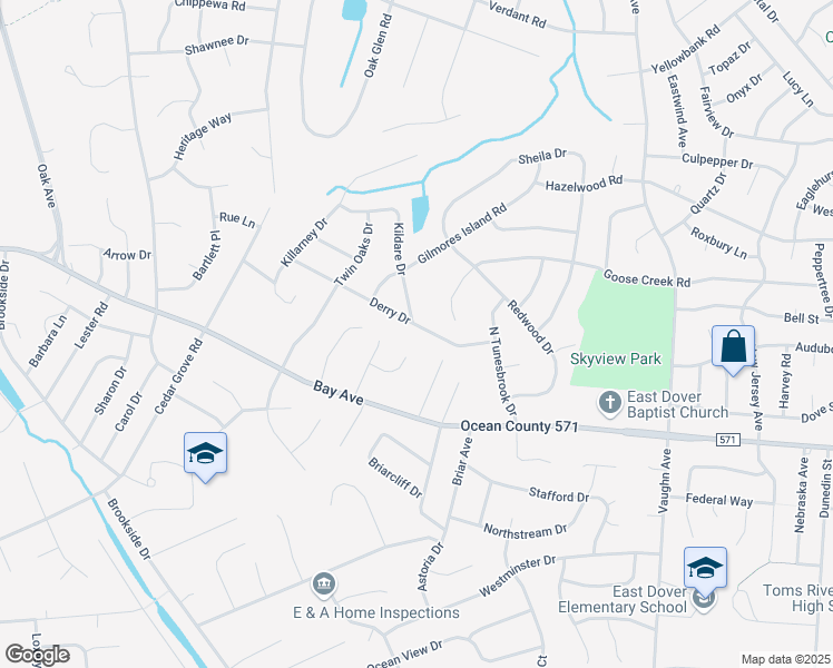 map of restaurants, bars, coffee shops, grocery stores, and more near 867 Derry Drive in Toms River