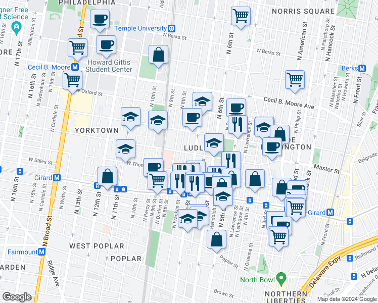 map of restaurants, bars, coffee shops, grocery stores, and more near 1401 North Franklin Street in Philadelphia