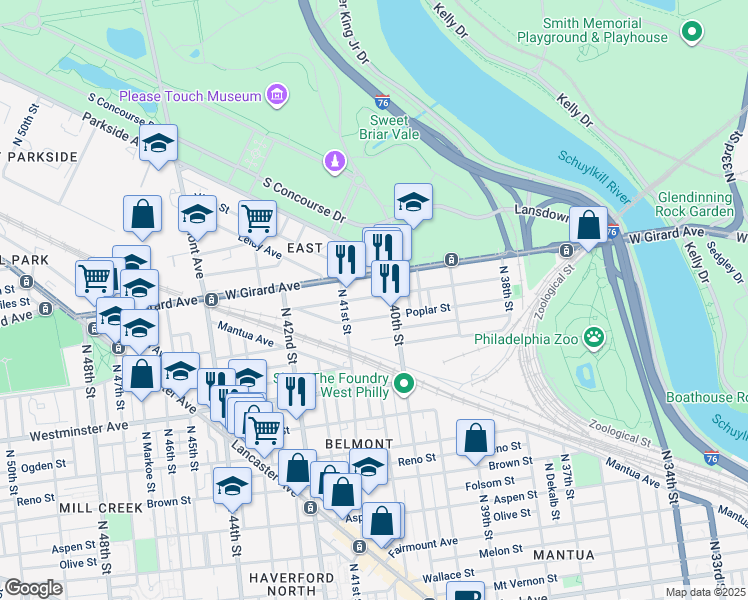 map of restaurants, bars, coffee shops, grocery stores, and more near 4024 Cambridge Street in Philadelphia