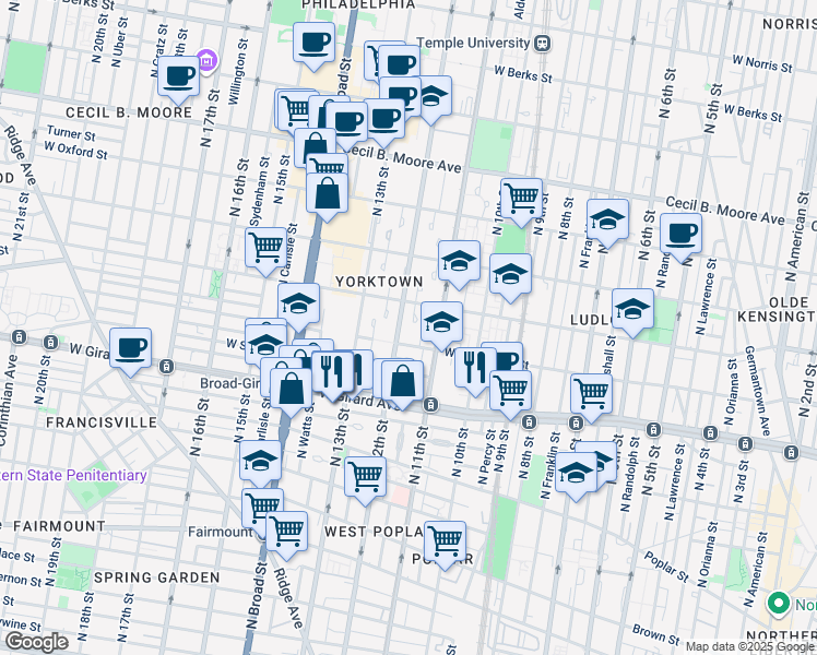 map of restaurants, bars, coffee shops, grocery stores, and more near 1315 North 12th Street in Philadelphia
