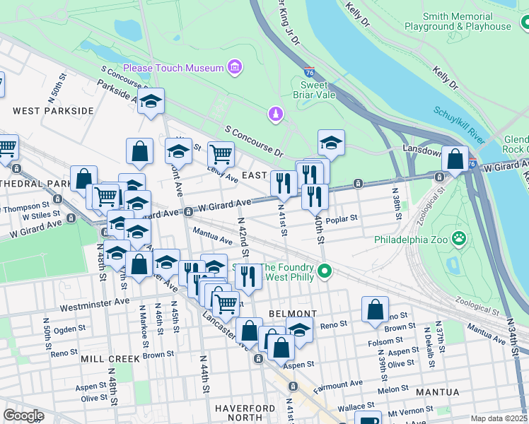 map of restaurants, bars, coffee shops, grocery stores, and more near 4121 Cambridge Street in Philadelphia