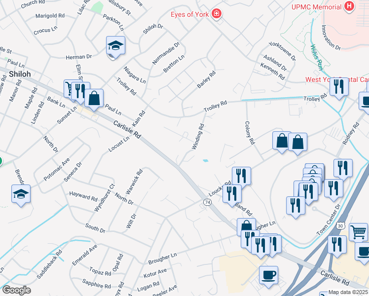 map of restaurants, bars, coffee shops, grocery stores, and more near 1758 Spring Street in York