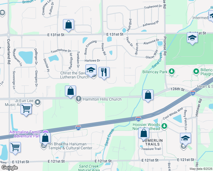 map of restaurants, bars, coffee shops, grocery stores, and more near 12714 Howe Road in Fishers