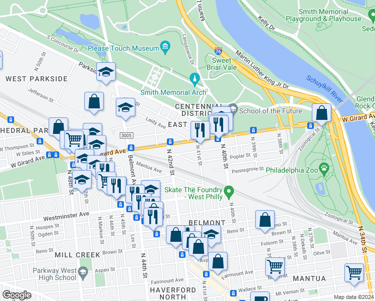map of restaurants, bars, coffee shops, grocery stores, and more near 4117 Cambridge Street in Philadelphia