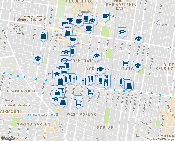map of restaurants, bars, coffee shops, grocery stores, and more near 1315 North 12th Street in Philadelphia