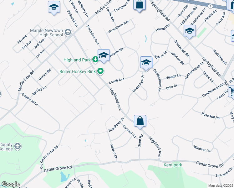 map of restaurants, bars, coffee shops, grocery stores, and more near 2789 Highland Avenue in Broomall