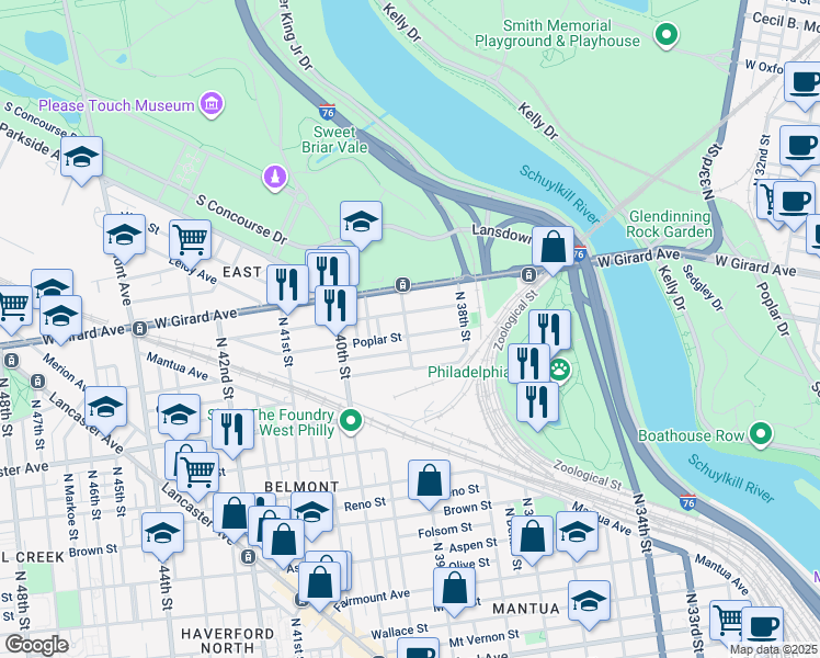 map of restaurants, bars, coffee shops, grocery stores, and more near 3875 Poplar Street in Philadelphia