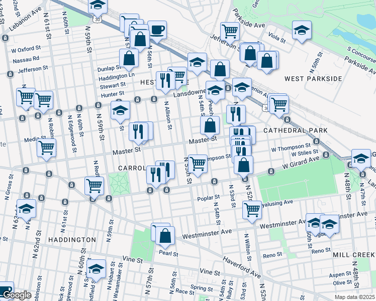 map of restaurants, bars, coffee shops, grocery stores, and more near 1333 North 55th Street in Philadelphia