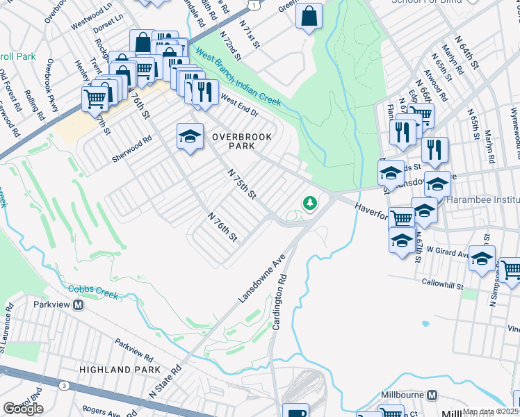 map of restaurants, bars, coffee shops, grocery stores, and more near 1318 North 75th Street in Philadelphia