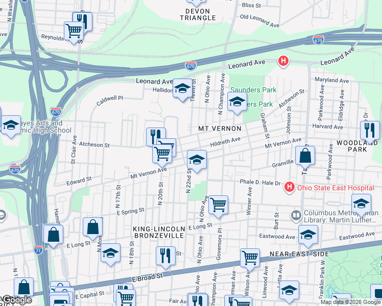 map of restaurants, bars, coffee shops, grocery stores, and more near 1176 Hildreth Avenue in Columbus