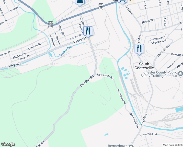 map of restaurants, bars, coffee shops, grocery stores, and more near 130 Doe Run Road in Coatesville