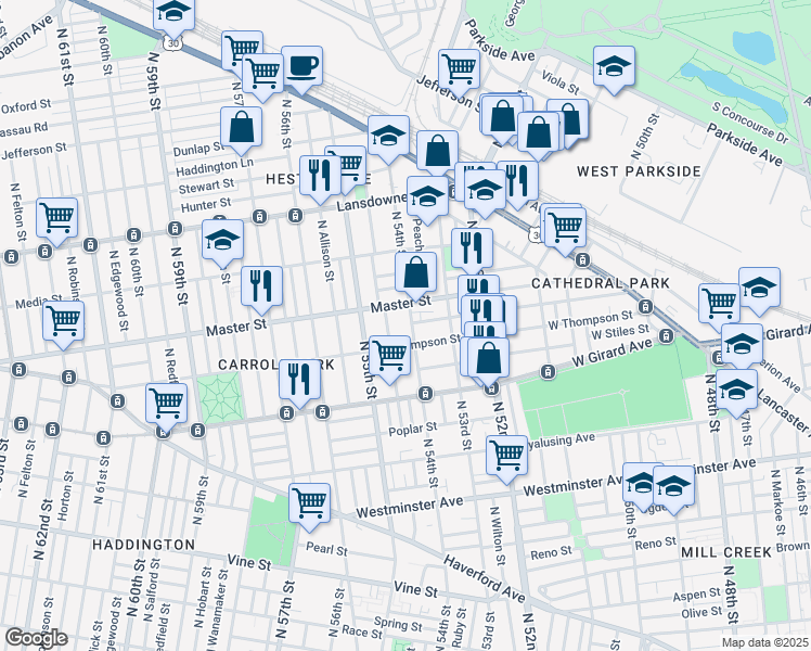 map of restaurants, bars, coffee shops, grocery stores, and more near 1328 North 54th Street in Philadelphia