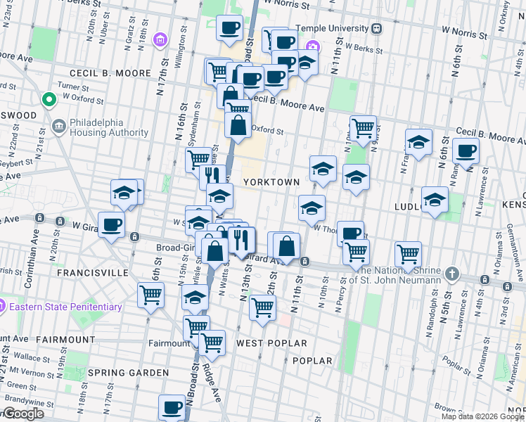 map of restaurants, bars, coffee shops, grocery stores, and more near 1322 Betsy Ross Place in Philadelphia