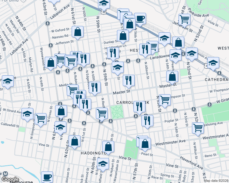 map of restaurants, bars, coffee shops, grocery stores, and more near 1414 North Wanamaker Street in Philadelphia