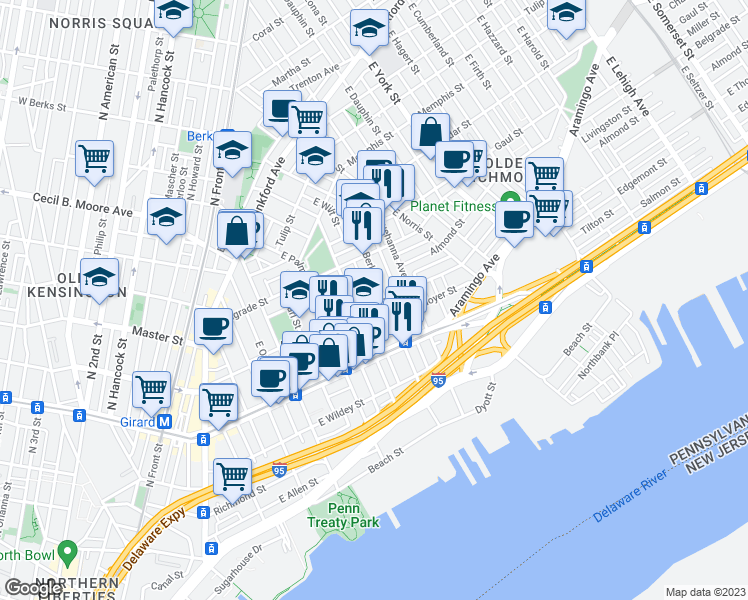 map of restaurants, bars, coffee shops, grocery stores, and more near 627 East Thompson Street in Philadelphia