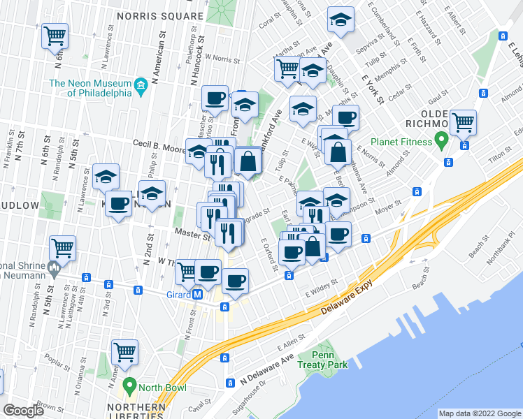 map of restaurants, bars, coffee shops, grocery stores, and more near 339 Belgrade Street in Philadelphia